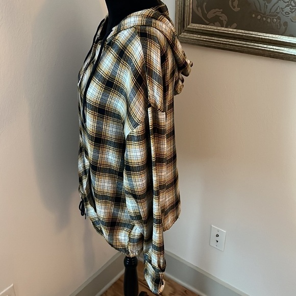 Urban Outfitters mustard black Alex plaid flannel hoodie long sleeves top - Picture 6 of 13